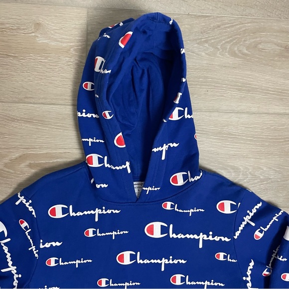 Champion Reverse Weave Sweatshirt Blue Hoodie All Over Print - Picture 2 of 8